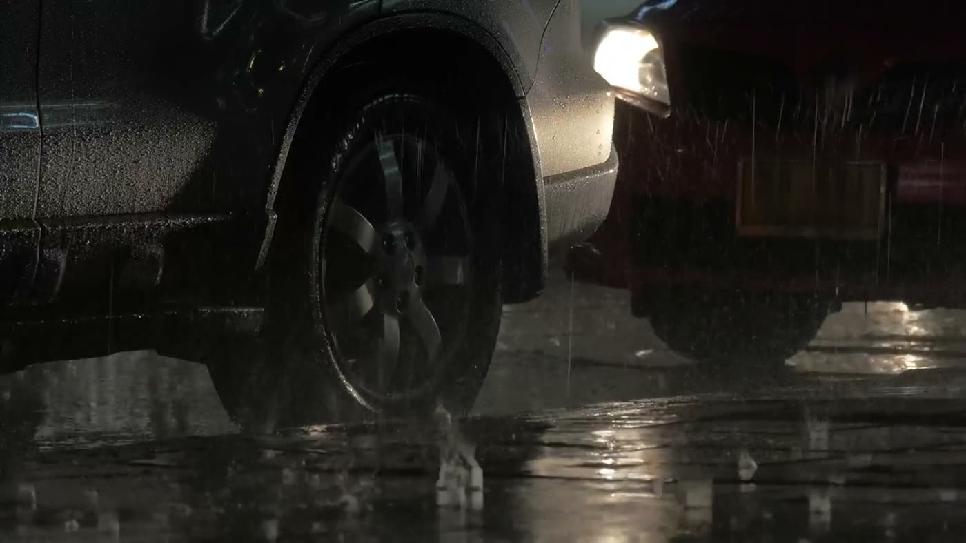 Close-up of a used car wheel on wet pavement at night